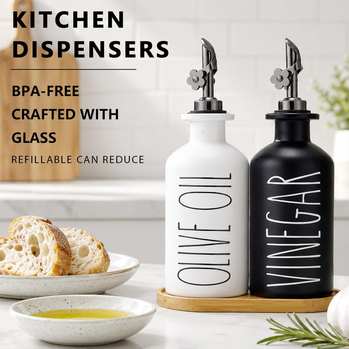 HOMCDALY Premium Olive Oil Dispenser for Kitchen, 11.8oz Glass Oil Bottles with Bamboo Tray, White Oil&Vinegar Cruet Set, Kitchen Dispenser Bottles with Pourer| Set of 2 (11.8oz –P–White)