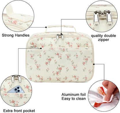 Bluboon Insulated Lunch Bag for Girls & Boys, Corduroy School Lunch Box with Cooler & Organizer Compartments, Leak-Proof Lunch Tote for School, Travel (Corduroy Strawberries Beige)