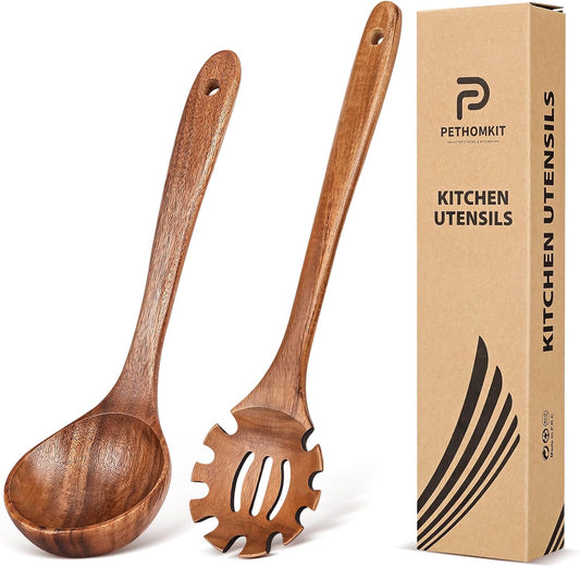 Wooden Soup Ladle Spoon & Spaghetti Pasta Spoons Utensil Set of 2