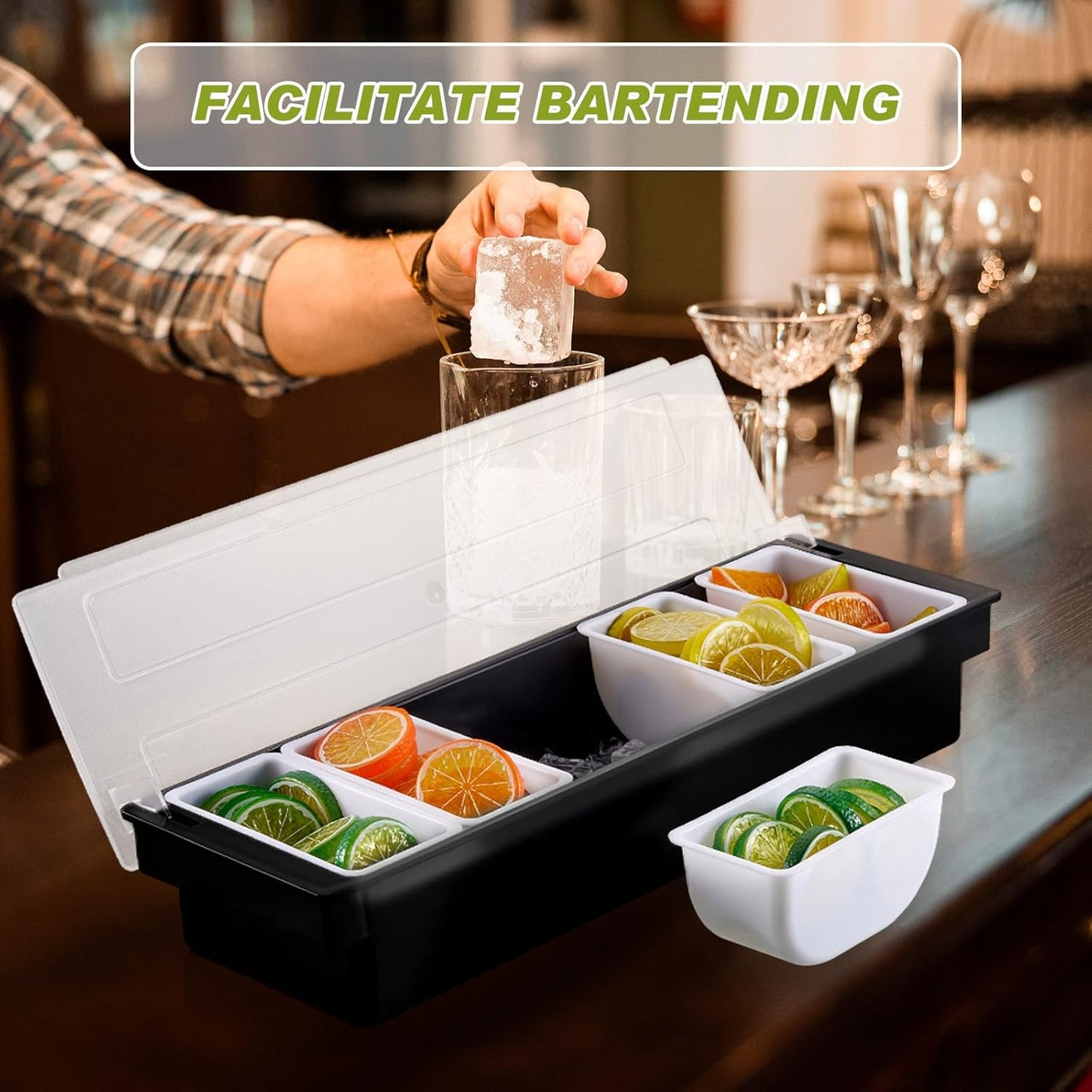 2 Pcs Bar Fruit Caddy with Lid Salad Condiment Server Black Plastic Garnish Tray Ice Chilled Condiment Caddy for Home Restaurant Bartending Serving Veggie Taco Salad Party Supplies(6 Compartments)