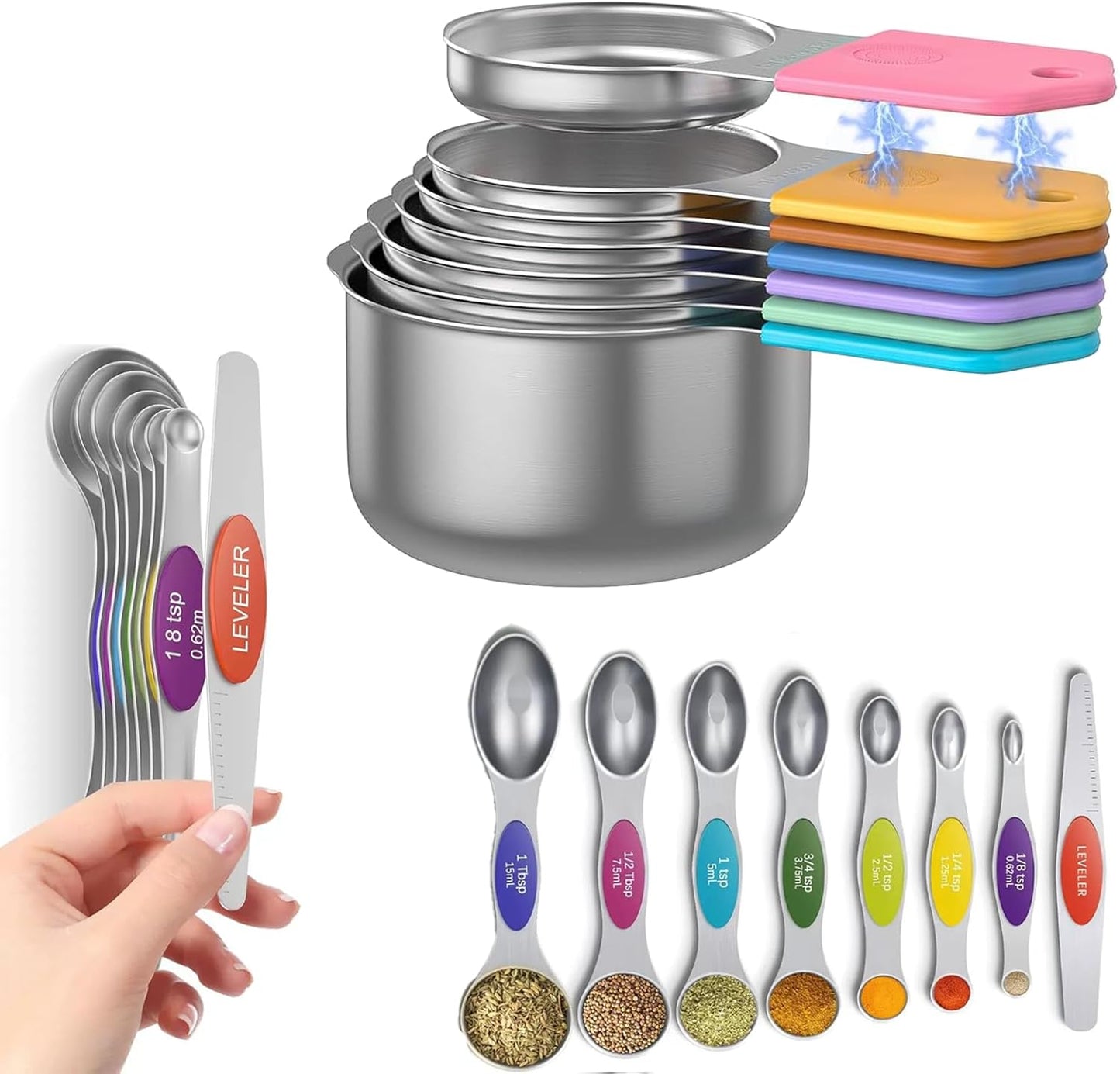 Magnetic Measuring Cups and Spoons Set, N52 Magnetic spoons Nesting Design, 304 Stainless Steel measuring cups, BPA Free, Dual-sided Design Set of 15 with Leveler for Dry & Liquid Ingredients Black