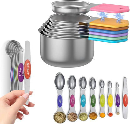 Magnetic Measuring Cups and Spoons Set, N52 Magnetic spoons Nesting Design, 304 Stainless Steel measuring cups, BPA Free, Dual-sided Design Set of 15 with Leveler for Dry & Liquid Ingredients Black