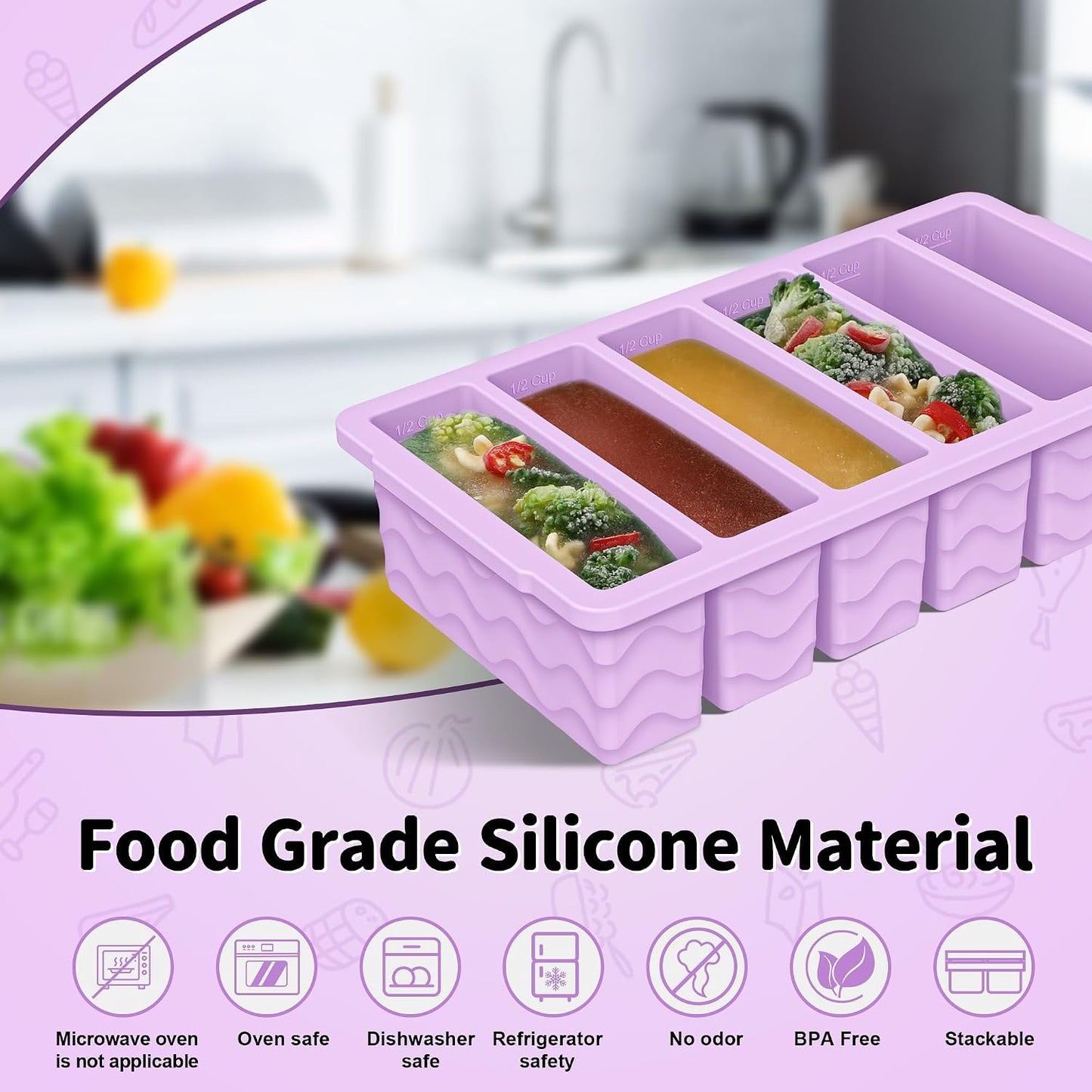 4-Pack Silicone Freezer Trays with Lid,2*【2 Large 2-Cup(500ml)&6 Small 1/2-Cup(125ml)】Soup Freezer Container Molds,Ice Cube Tray For Meal Prep&Freezing Soup,Stews,Sauces,Oven&Dishwasher-Safe