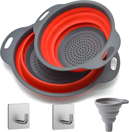 UVB Collapsible Colander Set, Space-Saving Foldable Kitchen Strainer for Pasta, Vegetables & Fruit, Colander for Kitchen with 2 Stainless Steel Hooks & Silicone Funnel – Blue