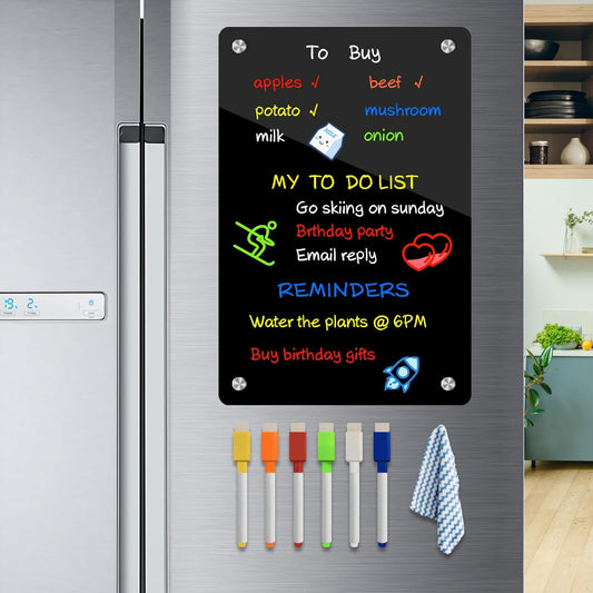 JonXon 8"X12" Acrylic Magnetic Menu Board for Kitchen,Acrylic Weekly Calendar for Fridge,Clear Meal Planner for Refrigerator,Magnet Fridge Menu Planner with 6 Magnetic Erasable Markers