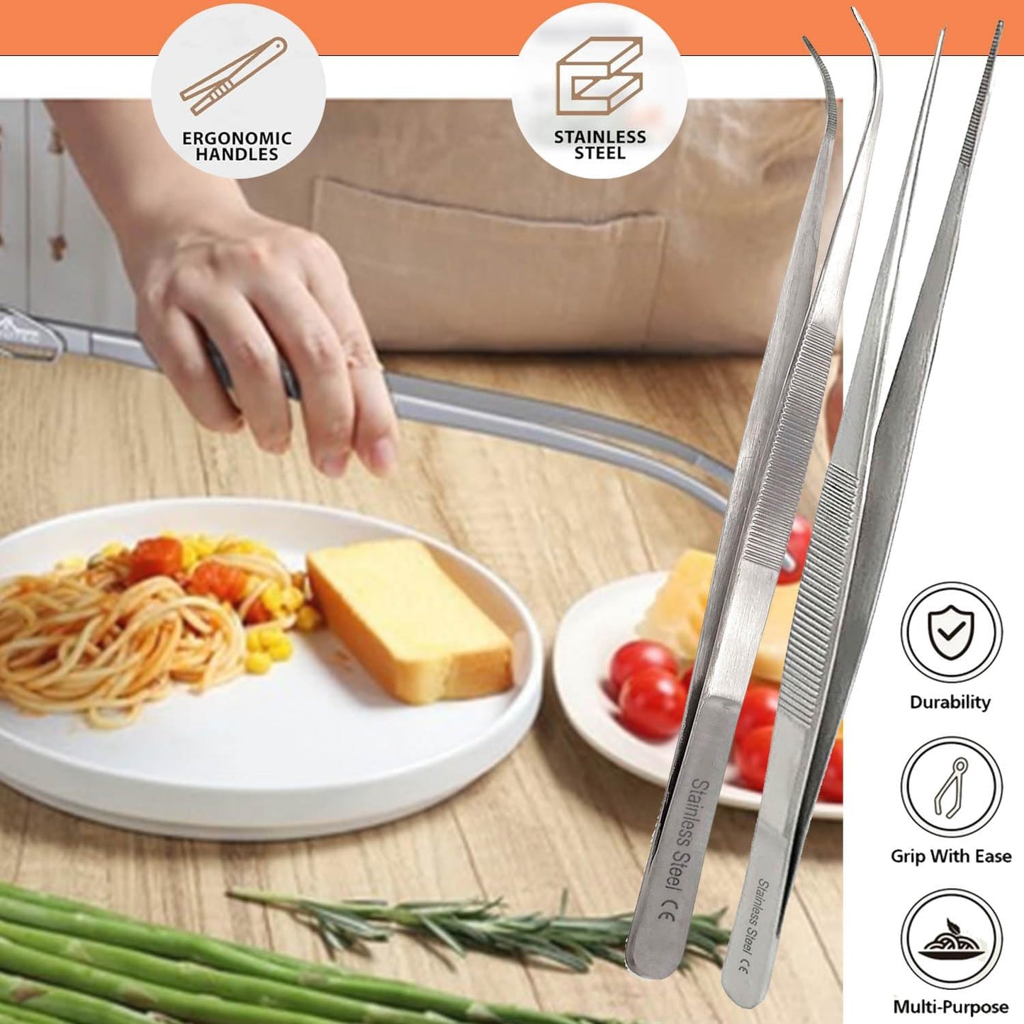 A2Z Cooking Tweezer Straight and Curved Tong Set, Tongs Precision Serrated Tips, Stainless Steel Professional Chef Tweezer Kitchen Tools for BBQ, Plating and Serving (Set of 2-10")