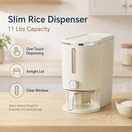 ROOM127 Slim Rice Dispenser 11 Lbs, Airtight Rice Storage Container with Measuring Cup, One-Touch Dry Food & Cereal Dispenser with Clear Window for Kitchen Countertop, Milk Tea Brown