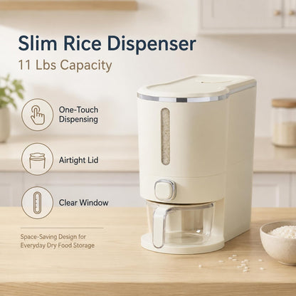 ROOM127 Slim Rice Dispenser 11 Lbs, Airtight Rice Storage Container with Measuring Cup, One-Touch Dry Food & Cereal Dispenser with Clear Window for Kitchen Countertop, Milk Tea Brown