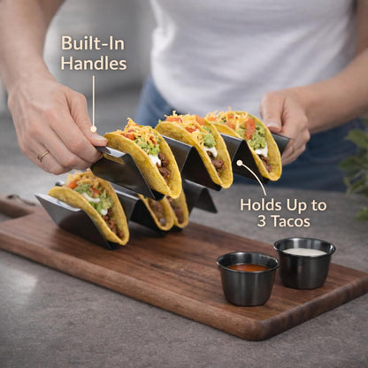 Taco Holders with Sauce Cups (Set of 2) - Black Stainless Steel Taco Stands for 3 Tacos - Dishwasher, Oven & Grill Safe Taco Rack Tray for Home, Parties & Kids by Serro
