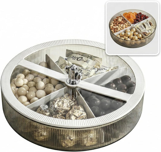10 Inch Divided Serving Tray with Lid - 360 Rotating Snackle Box Container, Candy Organizer - White Plastic
