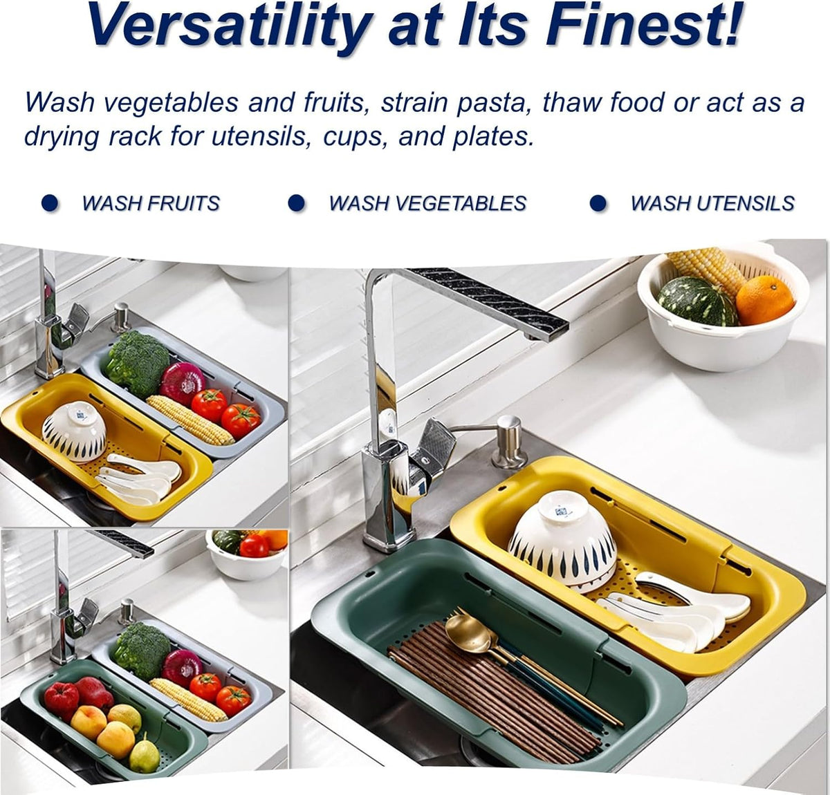 Extendable Sink Colander Strainer Basket - Wash Vegetables and Fruits, Drain Cooked Pasta and Dry Dishes - Adjustable Over the Sink Colander Collapsible Drainer Basket - White