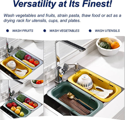 Extendable Sink Colander Strainer Basket - Wash Vegetables and Fruits, Drain Cooked Pasta and Dry Dishes - Adjustable Over the Sink Colander Collapsible Drainer Basket - White