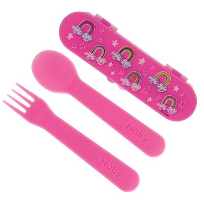 Nuby Toddler Utensils with Travel Case - Self-Feeding Fork & Spoon Set for Kids - Easy-to-Hold Training Utensils with Rounded Safe Edges for Independent Mealtime - Dinosaurs