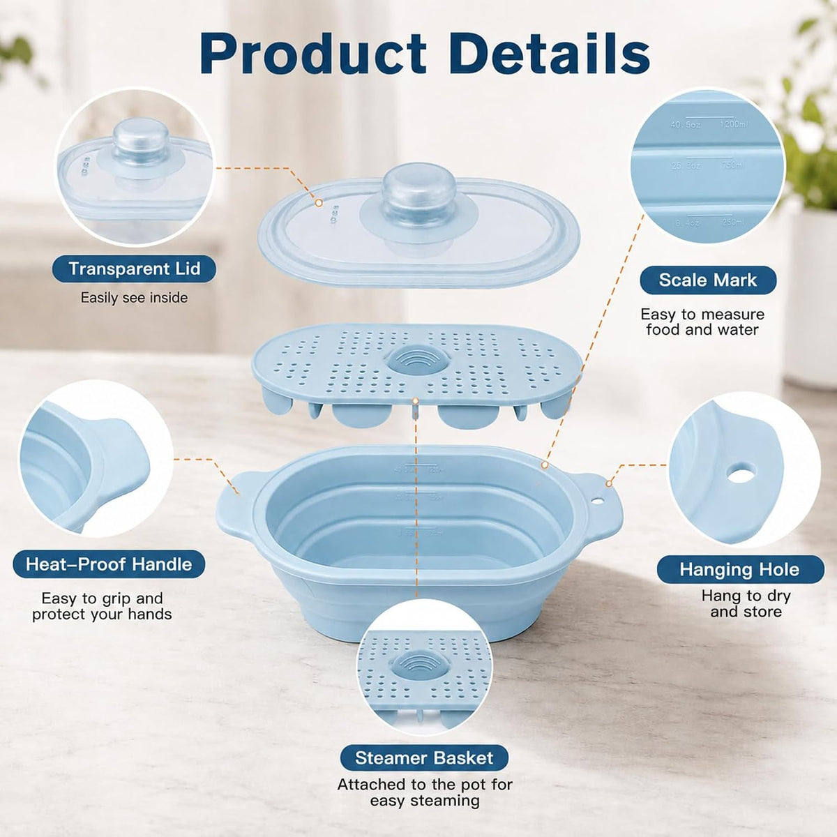 40oz Silicone Microwave Steamer For Cooking Food, Vegetable Steamer, Grey