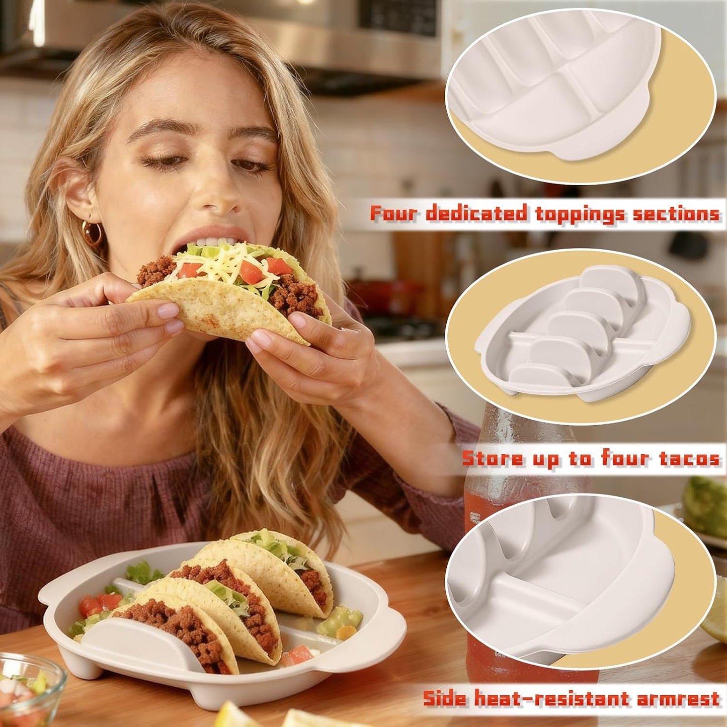 Aolin Silicone Taco Plates Set of 2, 9.8 Inch Reusable Taco Holder with Dividers - Fits Both Soft & Hard Shell Tacos, Microwave & Dishwasher Safe, Ideal Taco Serving Tray for Taco Nights & Parties