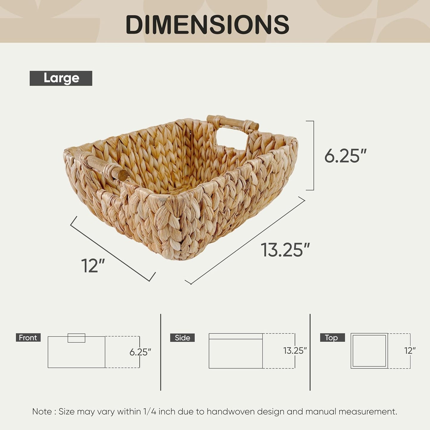 Medium Rectangular Handwoven Wicker Basket - Water Hyacinth Storage Baskets with 2 Polished Wooden Handles for Store Hand Towel, Fruits & Veggies etc – 10.75"x15.25"x5" - Pack of 2 - Natural