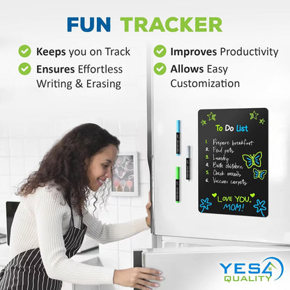Magnetic Black Dry Erase Board for Fridge (12 x 8 inch), Stain-Resistant w/ 3 Magnetic, Fine-Tip Neon Chalk Markers & Eraser by Yes4Quality