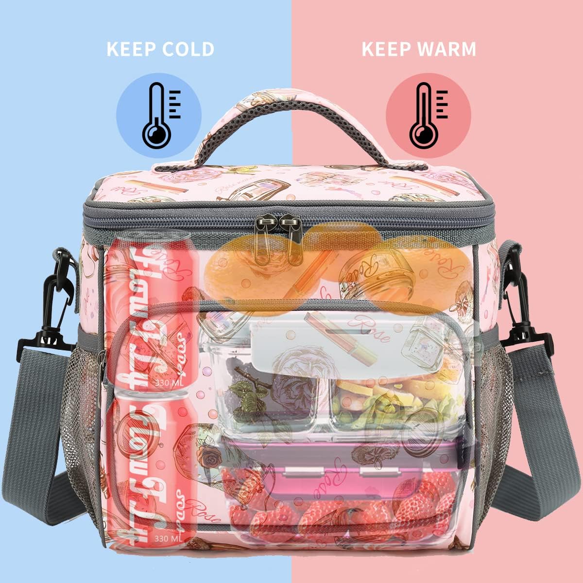 FlowFly Insulated Reusable Lunch Bag Adult Large Lunch Box for Women and Men with Adjustable Shoulder Strap,Front Zipper Pocket and Dual Large Mesh Side Pockets,Cherry - Colors B