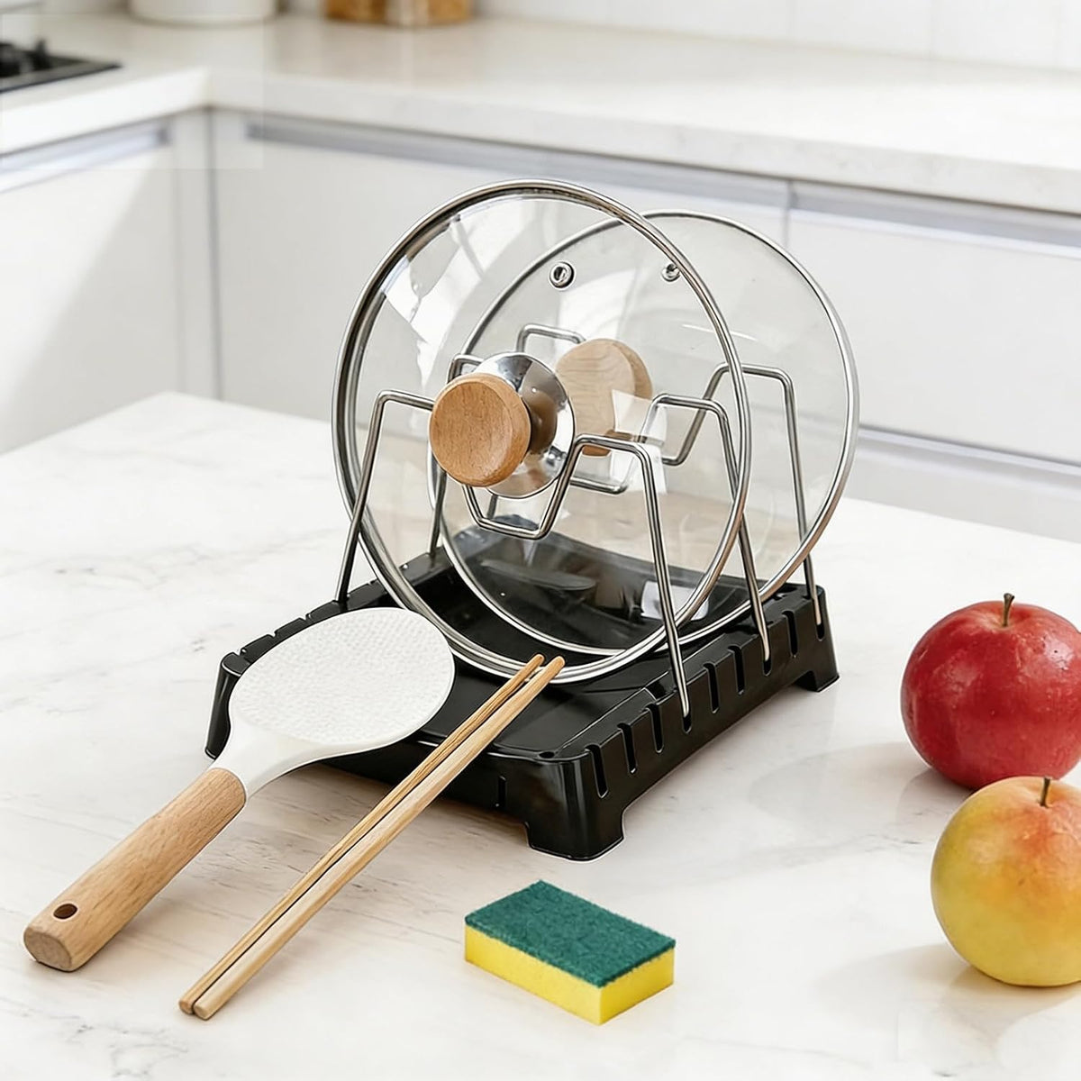 Uidhch Adjustable Pot Lid Holder for Countertop with Drip Tray