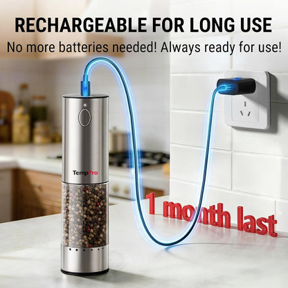 TempPro Rechargeable Electric Salt and Pepper Mill Set with Large Capacity