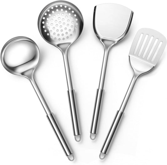 E-far Cooking Utensils Set, 10-Piece Stainless Steel Kitchen Utensils with Holder, Metal Heat Resistant Kitchen Cookware Tool Spatula Set for Cooking, Easy Clean & Dishwasher Safe