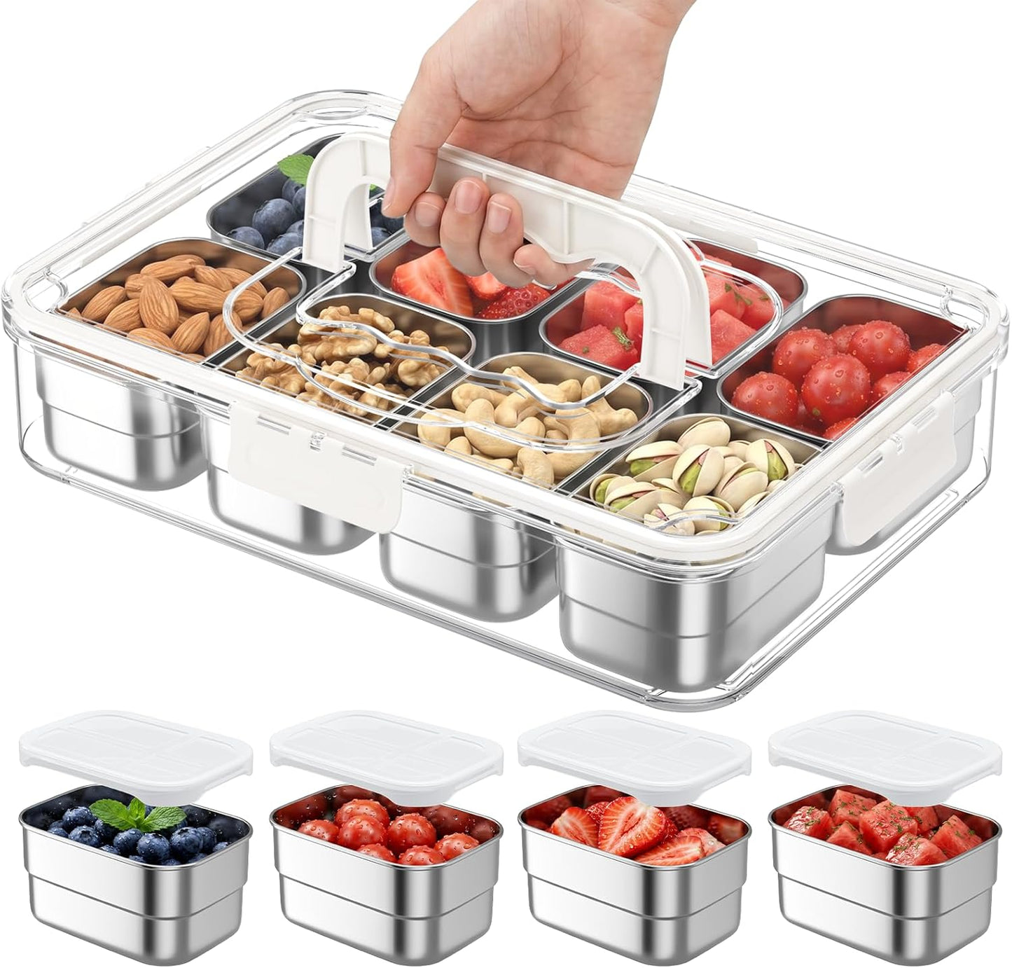 Stainless Steel Snackle Box Container, Divided Serving Tray | 8-Compartment with Lid and Handle, Large Snack Tray for Fruit Veggie Candy