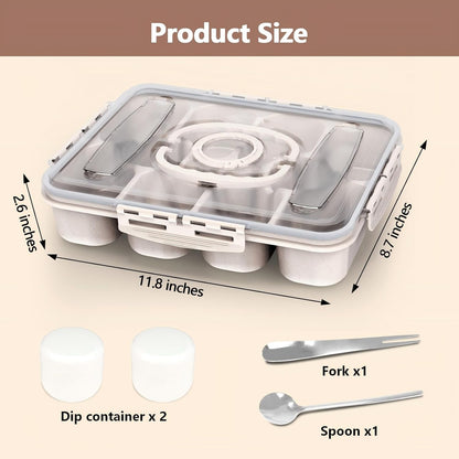 Dishwasher Safe Snackle Box Container, Snack Divided Serving Tray with Lid, Portable Snack Organizer with Date Marker, 2 Dressing Containers, Fork and Spoon, Green