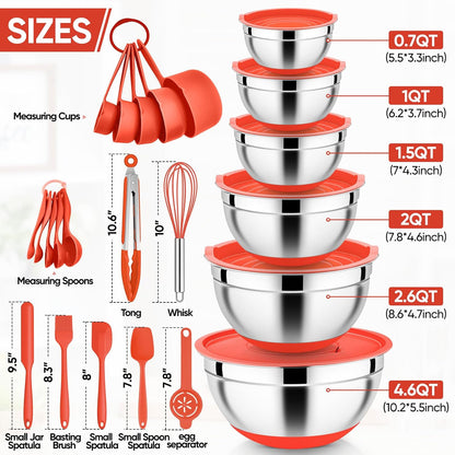 E-far 25PCS Mixing Bowls with Lid Set, Stainless Steel Nesting Prep Bowls with Grater Attachments Non-Slip Bottoms for Cooking, Serving, Food Storage, 4.6/2.6/2/1.5/1/0.7QT - Khaki