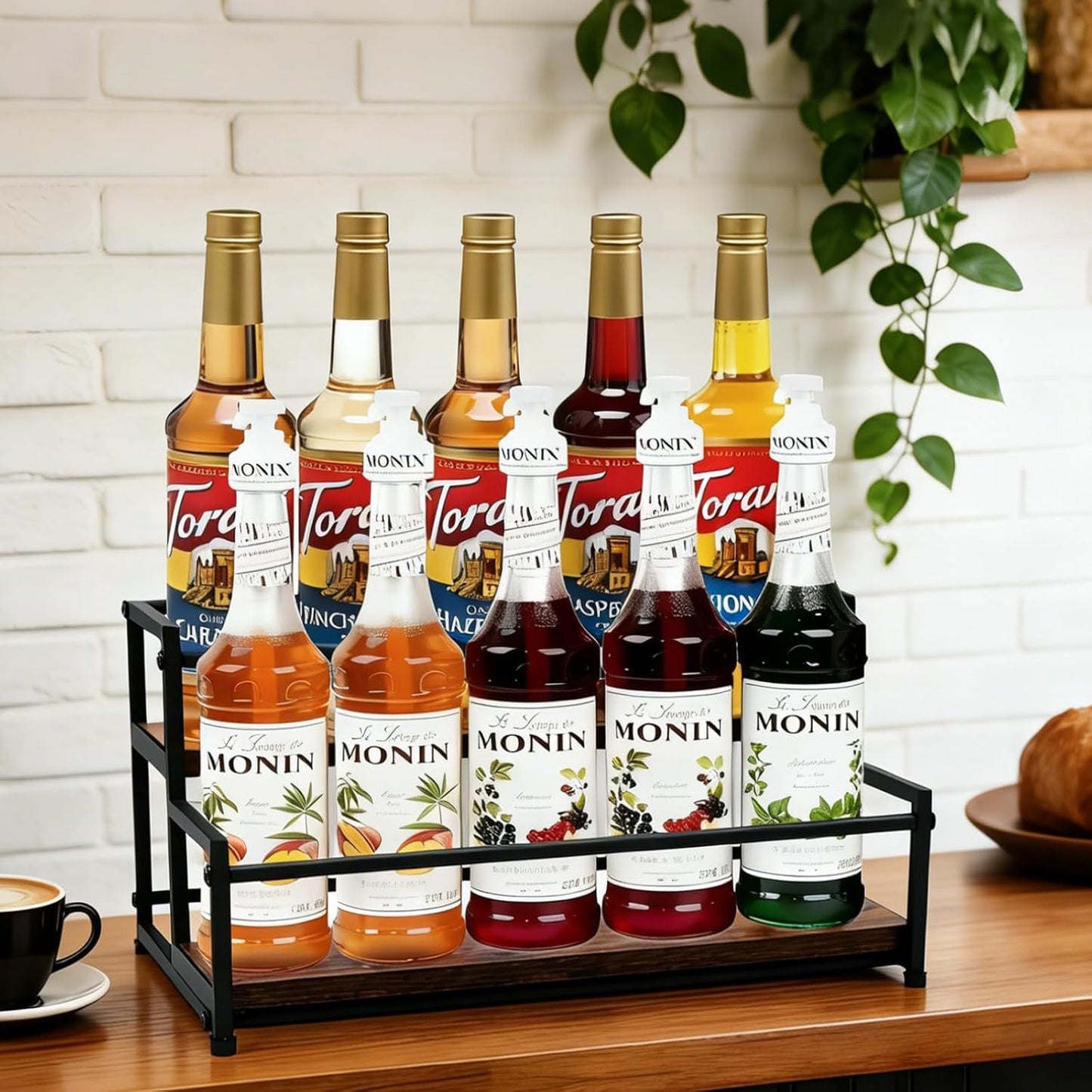 Countertop Liquor Bottle Organizer Shelf, 3-Tier | Rustic Display Rack, For Wine & Coffee Syrups, Freestanding Bar and Kitchen Storage, Easy-Carry Handles