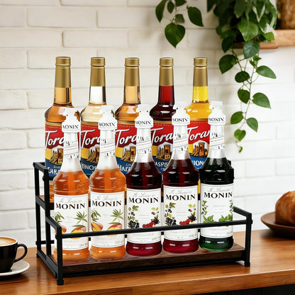 Countertop Liquor Bottle Organizer Shelf, 3-Tier | Rustic Display Rack, For Wine & Coffee Syrups, Freestanding Bar and Kitchen Storage, Easy-Carry Handles