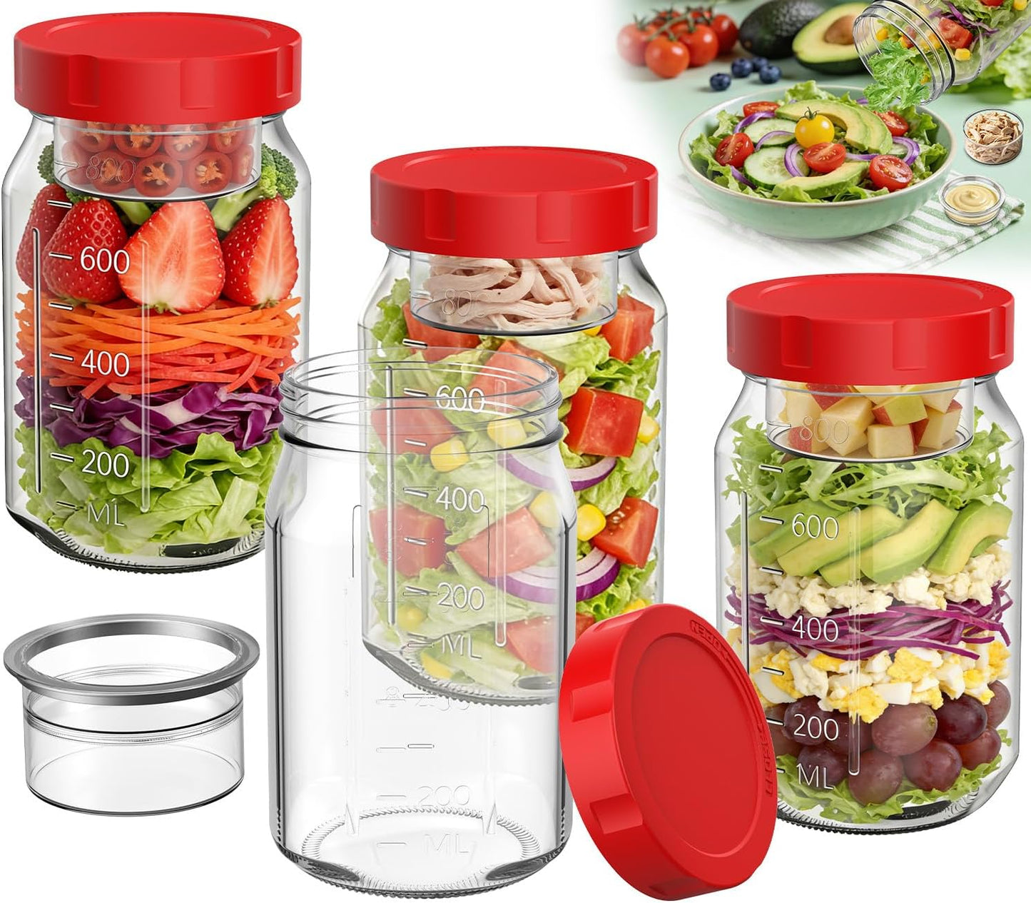 4Pack Glass Salad Jars with Lids, 32oz Salads Mason Jars with Wet/Dry Separation Cup, Meal Prep Salad Containers for Lunch, Leakproof Wide Mouth Food Storage Containers, BPA-Free Reusable (Orange)