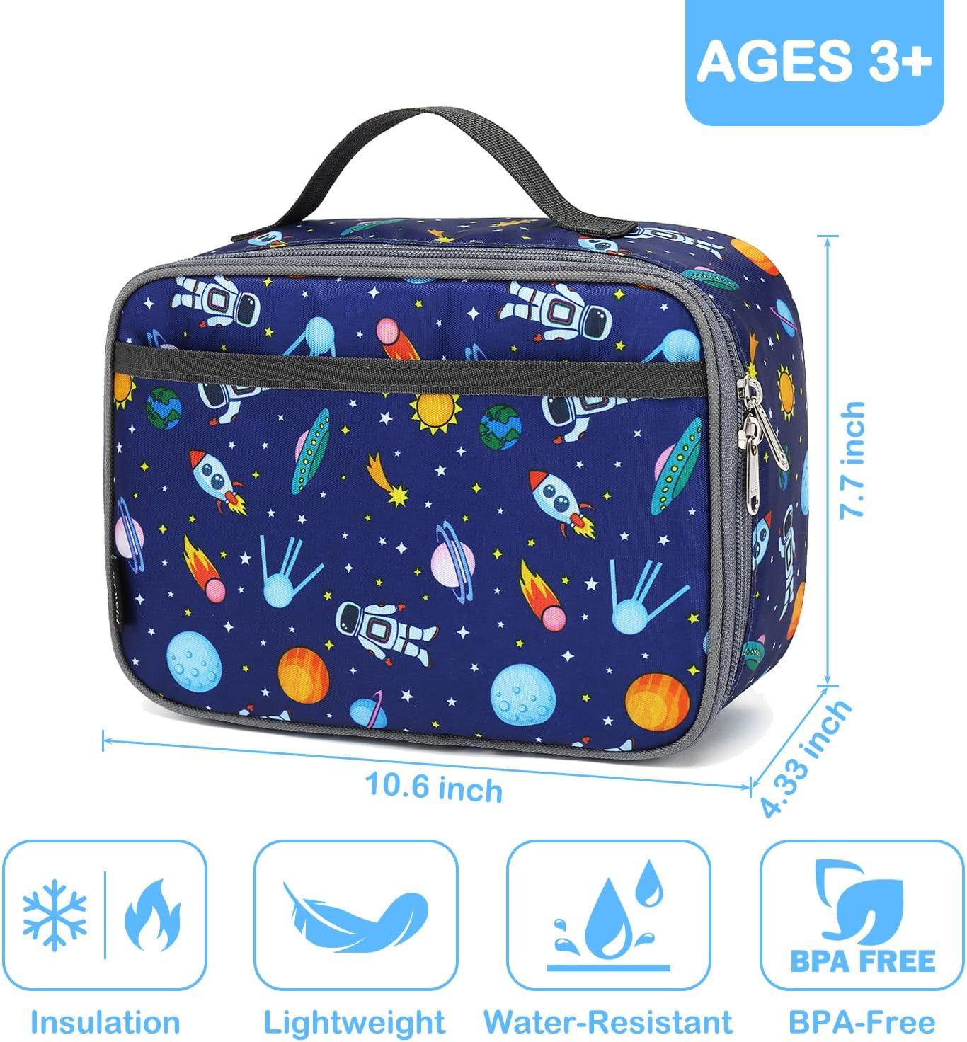 FlowFly Kids Lunch box Insulated Soft Bag Mini Cooler Back to School Thermal Meal Tote Kit for Girls, Boys, Astronaut - Colors A