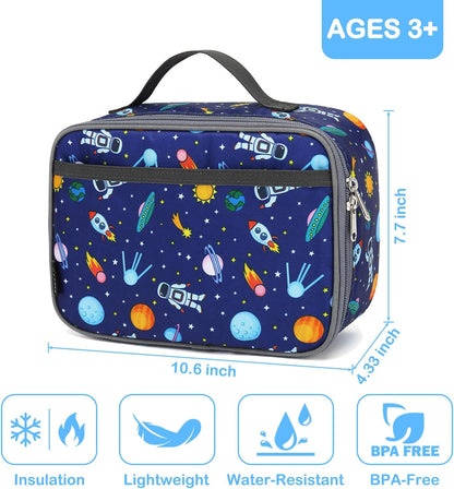FlowFly Kids Lunch box Insulated Soft Bag Mini Cooler Back to School Thermal Meal Tote Kit for Girls, Boys, Astronaut - Colors A