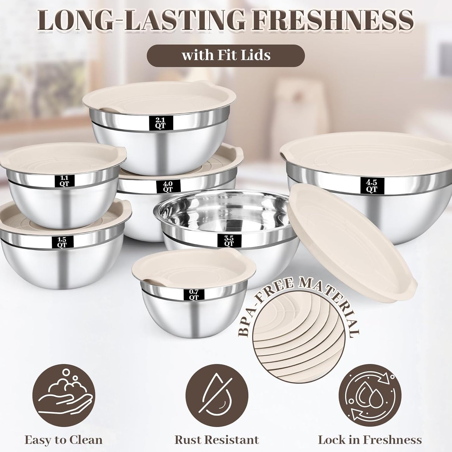 21PCS Mixing Bowls with Lids Set - 7 Nesting Mixing Bowls, 3 Graters, 11 Baking Tools, Lids, Stainless Steel Mixing Bowl for Mixing & Baking, Size 0.7/1.1/1.5/2.1/3.5/4/4.5 QT, Colorful
