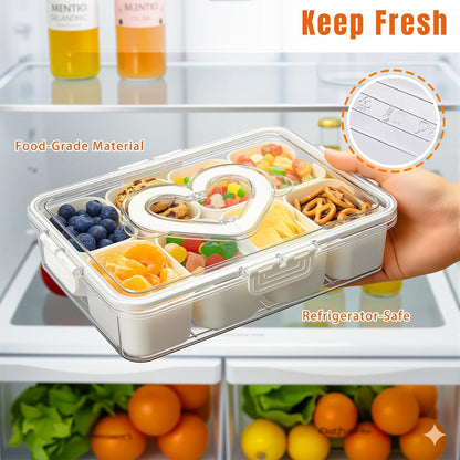 Portable Divided Snackle Box Serving Tray with Lid & Handle | Travel-friendly storage organizer. Multiple compartments for fruits, snacks, and sauces. Secure lid keeps food fresh.