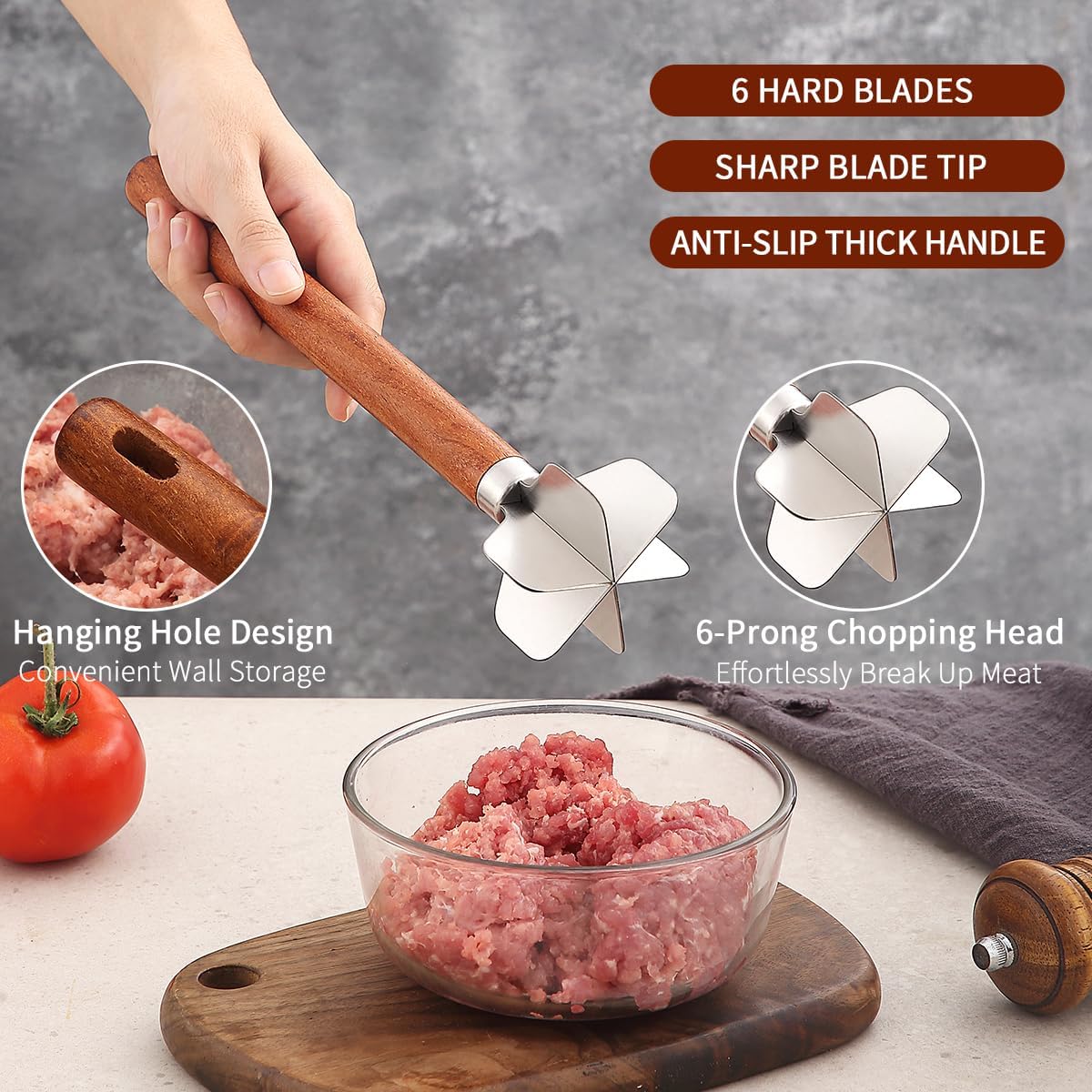 Kyraton Meat Chopper, Stainless Steel Hamburger Grinder With Wood Handle, Premium Heat Resistant Smasher for Ground Beef, Burger Potato Masher Mix Tool, Meat & Poultry Tenderizers