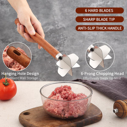 Kyraton Meat Chopper, Stainless Steel Hamburger Grinder With Wood Handle, Premium Heat Resistant Smasher for Ground Beef, Burger Potato Masher Mix Tool, Meat & Poultry Tenderizers