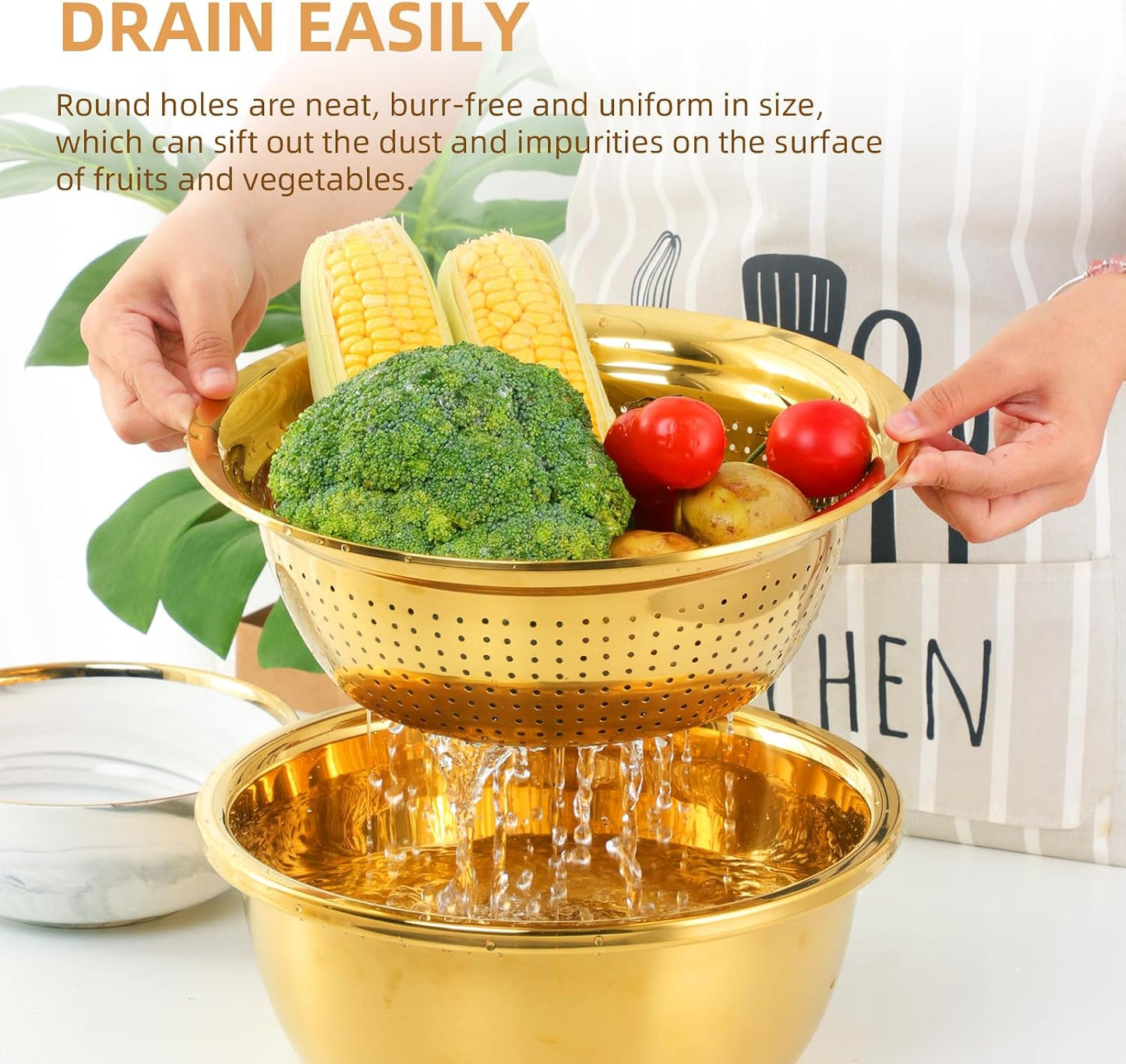 DOCBLACK Colander, 3Pcs Stainless Steel Kitchen Tool 3 in 1 Drain Basket Fruit and Vegetable Cutter Strainer Bowl Set Drain Pot Basket Grater for Fruits Vegetables Rice Washing Mixing - Gold