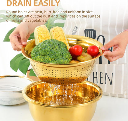 DOCBLACK Colander, 3Pcs Stainless Steel Kitchen Tool 3 in 1 Drain Basket Fruit and Vegetable Cutter Strainer Bowl Set Drain Pot Basket Grater for Fruits Vegetables Rice Washing Mixing - Gold