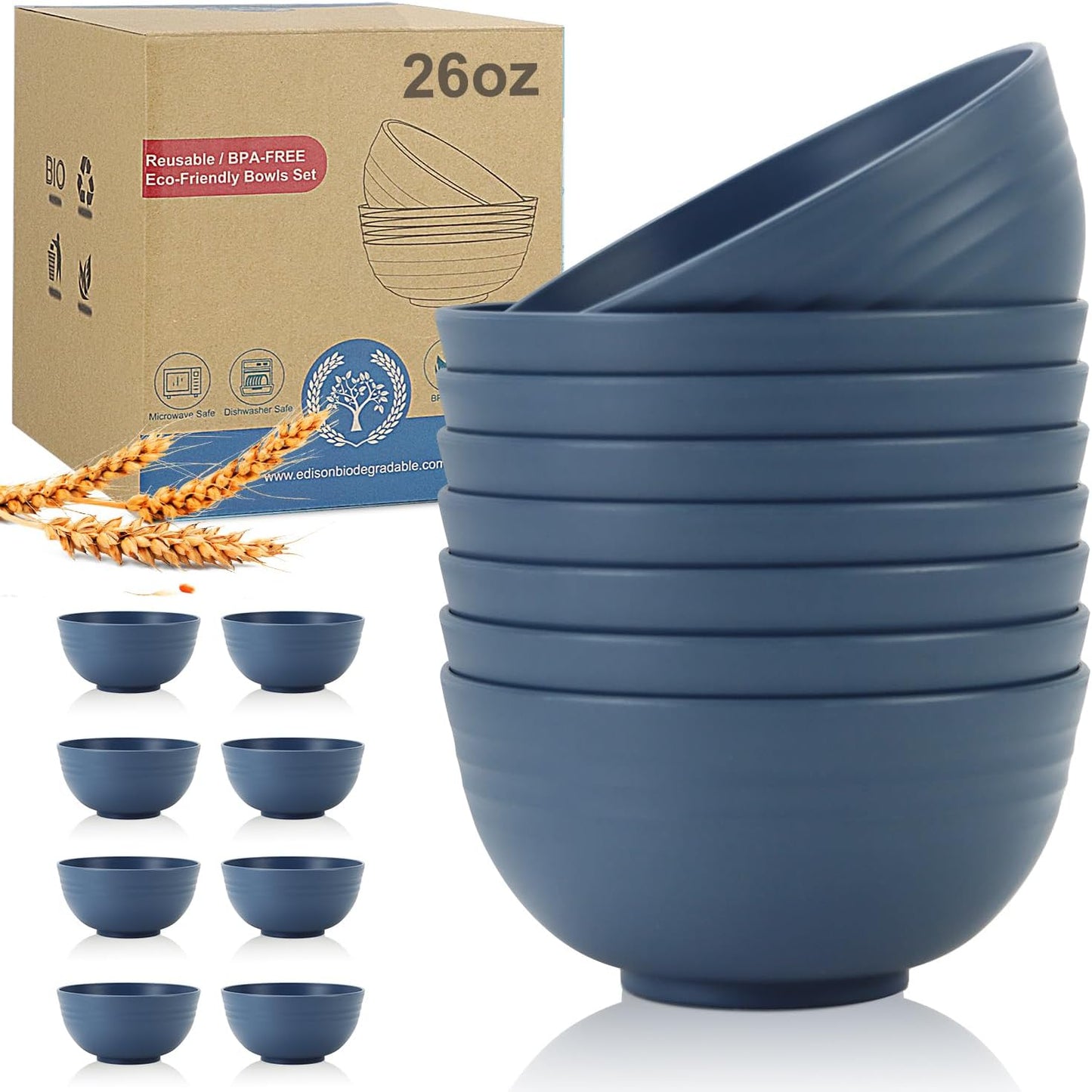 Wheat Straw Bowl Sets,8 PCS Unbreakable Cereal Bowl 26 OZ,Microwave and Dishwasher Safe Bowls,Bowl Sets for Camping and Picnic BPA Free Colorful Salad Bowls for Serving Soup,Oatmeal and Fruit Etc…