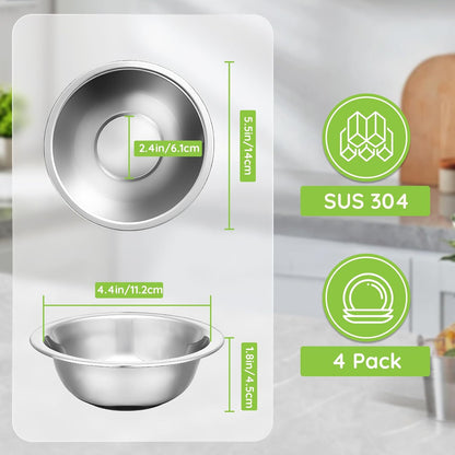 304(18/8) Stainless Steel Mixing Bowls for Kitchen, 4 Pack 6.3" 13.67 fl.oz Metal Mixing Bowls Set Stackable for Baking Serving Cooking Food Prep Storage Dishwasher Safe Lightweight