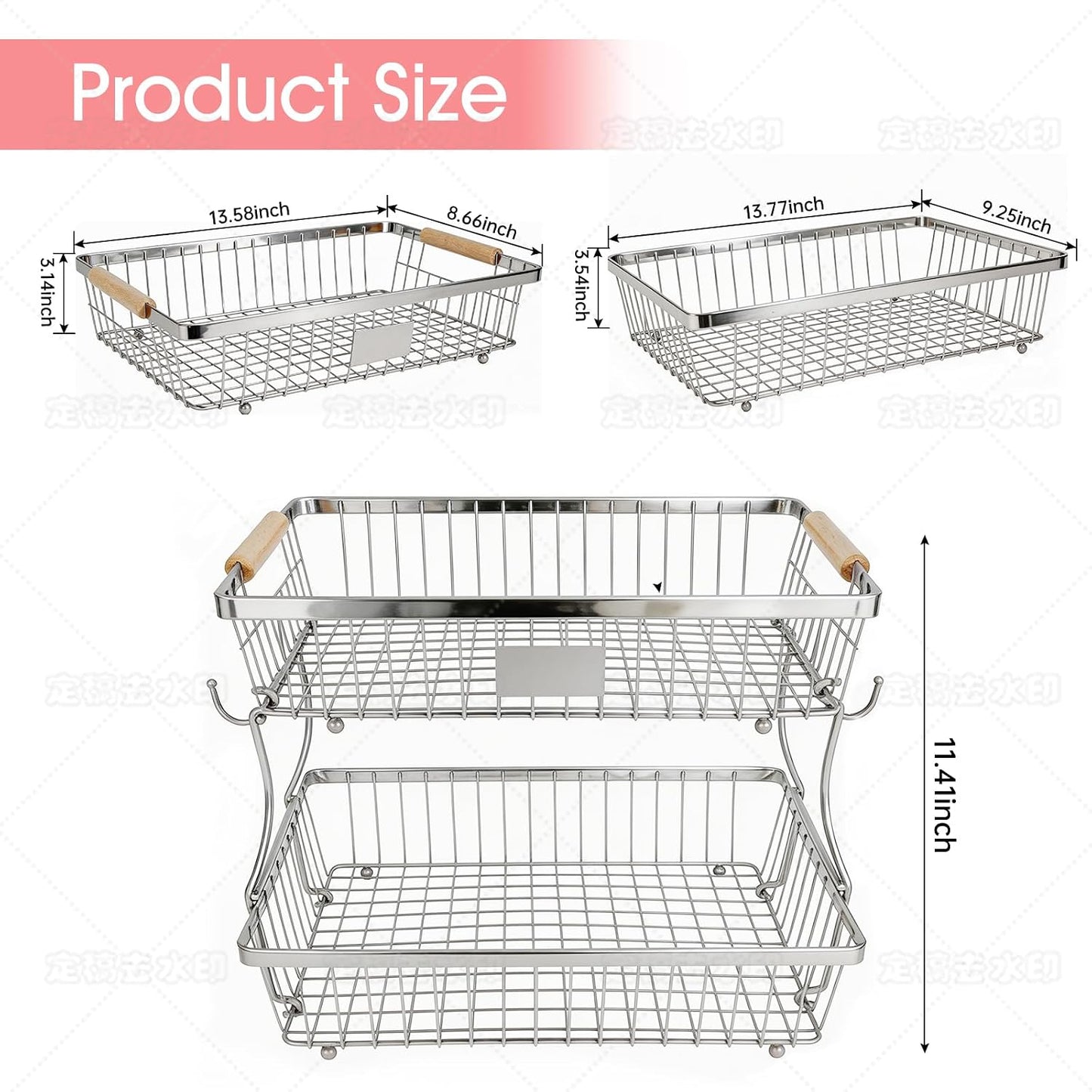 Fruit Basket Bowl 2 Tier Detachable with 2 Banana Hangers, Fruit Stand Holder for Kitchen Countertop, Metal Wire Vegetable Storage Organizer, for Bread Snack Veggies Produce, Black