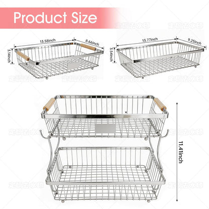 Fruit Basket Bowl 2 Tier Detachable with 2 Banana Hangers, Fruit Stand Holder for Kitchen Countertop, Metal Wire Vegetable Storage Organizer, for Bread Snack Veggies Produce, Black