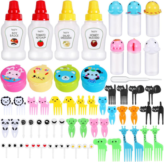 50 Pcs Kids Bento Box Accessories Including Food Picks Mini Condiment Bottles Ketchup Squeeze Bottles, Mini Soy Sauce Container with Funnel for Kids School Bento Camping Office Accessories (Animal)