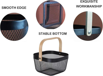 AJIODA Metal Mesh Wire Basket, Large Steel Basket with Wooden Handle Storage Organizer Basket Multi-functional Hanging Kitchen Baskets Fruit Baskets for Kitchen Bathroom Cabinet Pantry Snacks, Black
