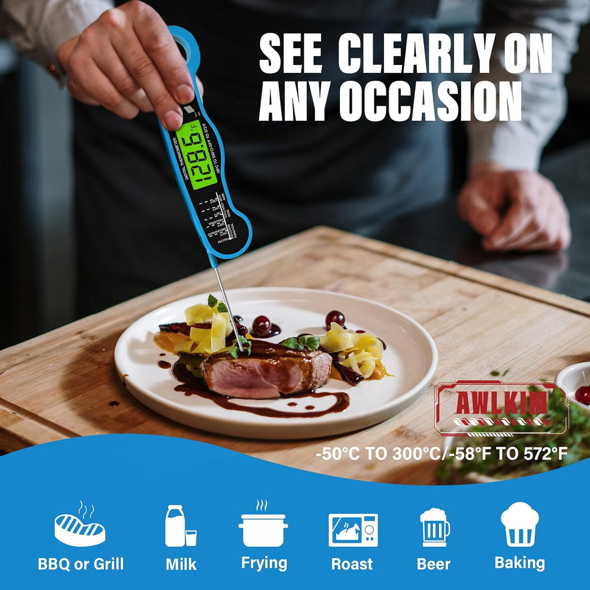 AWLKIM Meat Thermometer Digital, Instant Read Food Thermometer, Red