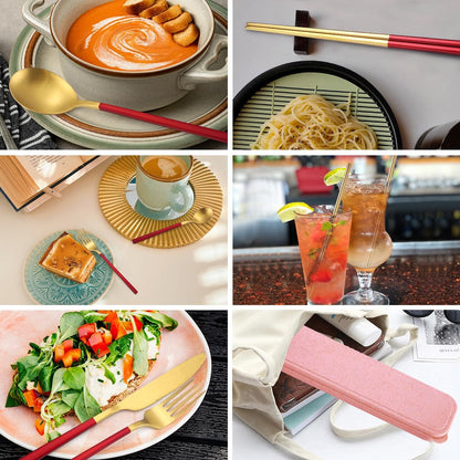 AARAINBOW 8 Pieces Stainless Steel Flatware Set Portable Reusable Cutlery Set Travel Utensils Set Including Chopsticks Knife Fork Spoon Straws Cleaning Brush Dishwasher Safe (Pink Golden)