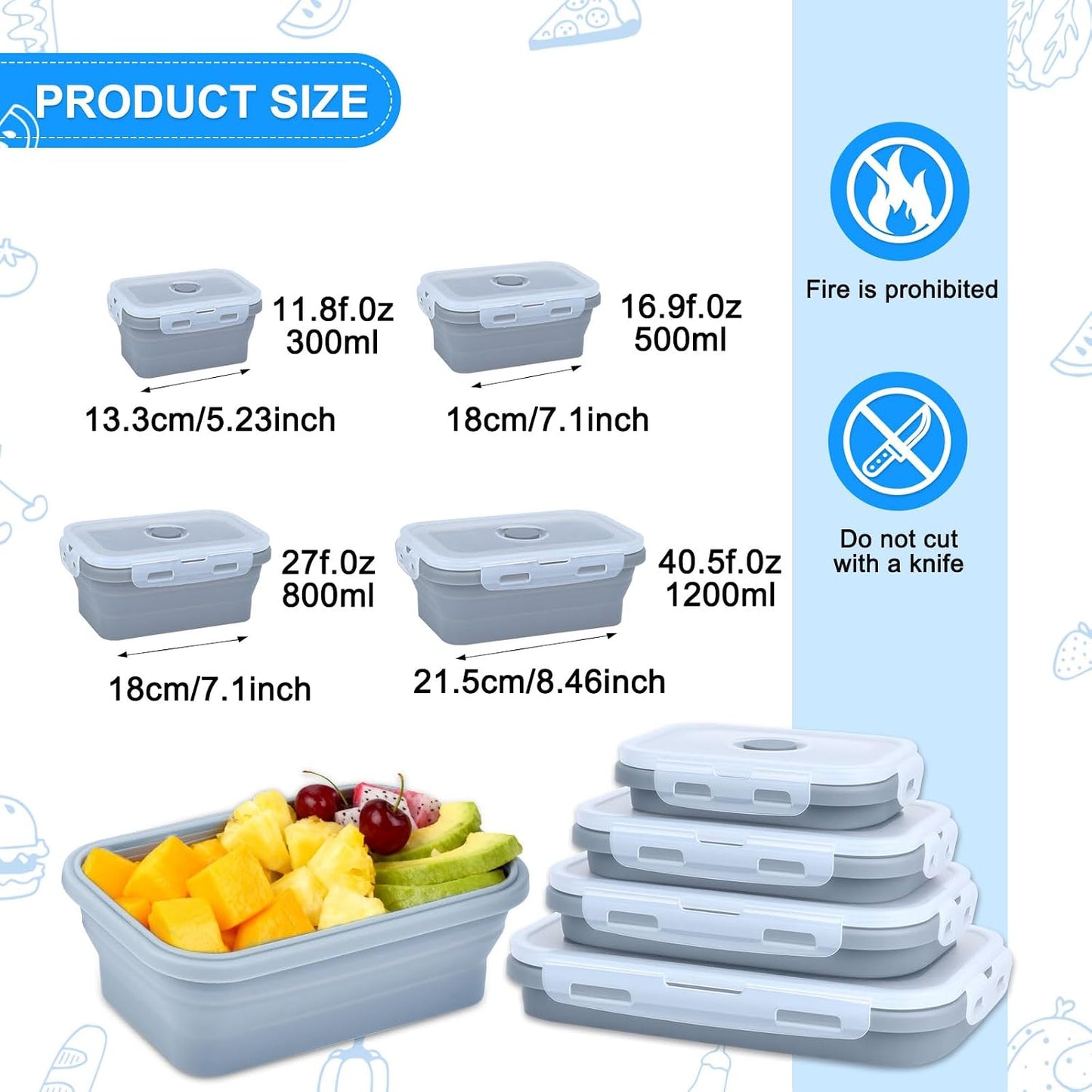 Collapsible Silicone Food Storage Containers 4 Set Airtight Leak Proof Food Containers with Lids Stackable Meal Prep for Microwave Freezer Dishwasher for Kitchen Camping Office Gray