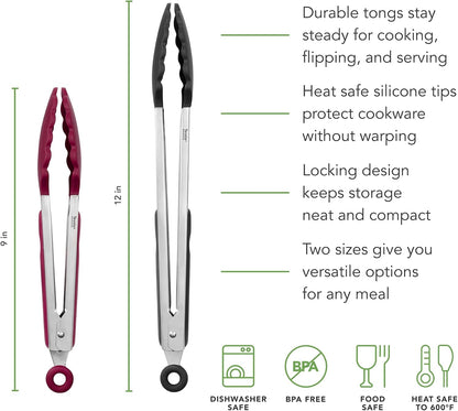 Tovolo Stainless Steel Tongs with Silicone Tips Set of 3 Mini 7” 9” 12 Inch with Easy Lock Mechanism for Cooking Grilling Air Fryer Serving, Red Black Charcoal Gray Heat Resistant Kitchen Tongs