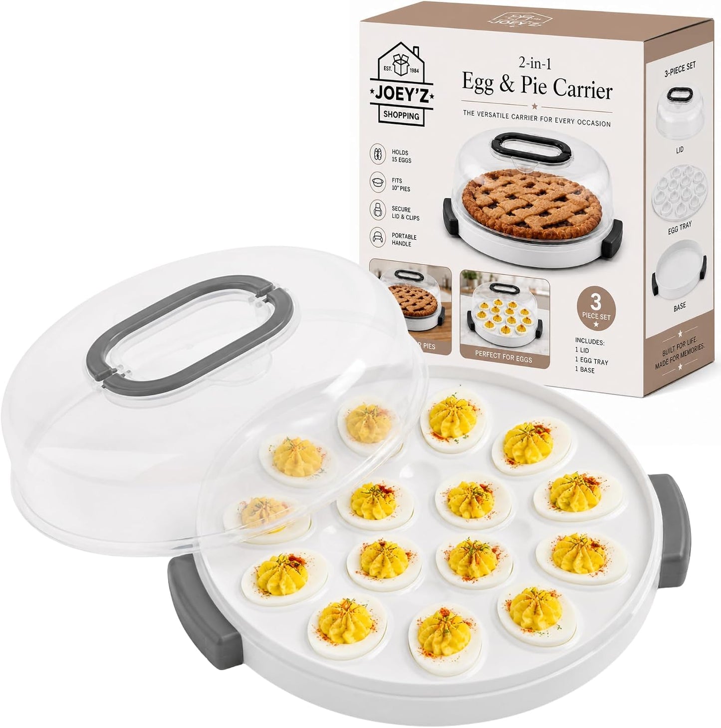 JOEY'Z 2-In-1 Deviled Egg Carrier With Lid & Handle, Pie Carrier With Removable Deviled Egg Tray, Holds 15 Eggs, & Fits Pies 10in x 4.5in, Great for Easter & Holiday Gifts - BPA Free